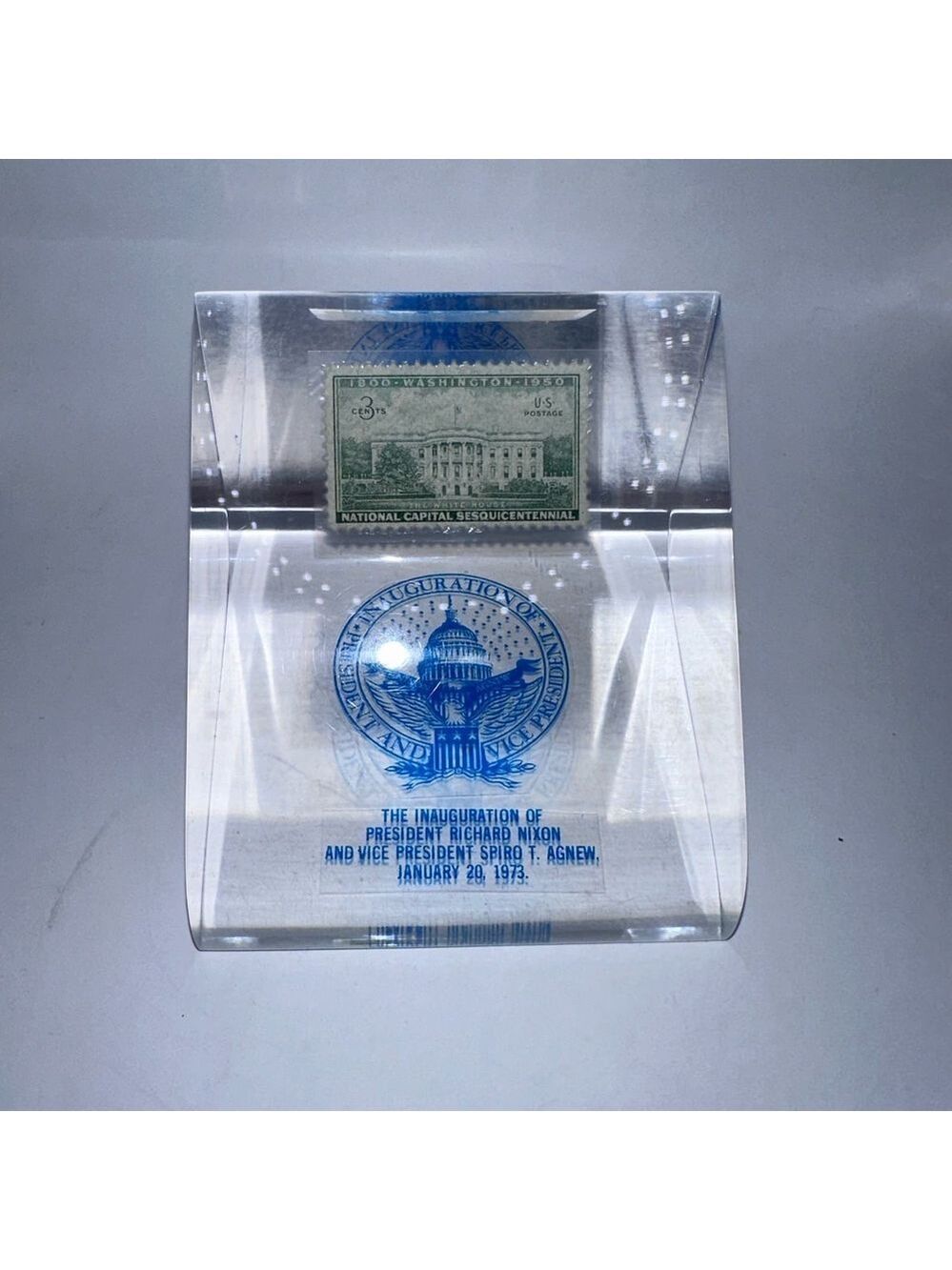 RARE Acrylic Lucite Right Angle Paperweight Nixon 1973 Inauguration